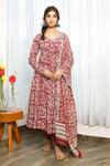 Buy_Pheeta_Red Cotton Hand Block Print Floral Motifs V Neck Anarkali Set _at_Aza_Fashions