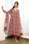 Pheeta_Red Cotton Hand Block Print Floral Motifs V Neck Anarkali Set _Online_at_Aza_Fashions
