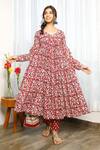Buy_Pheeta_Red Cotton Hand Block Print Floral Motifs V Neck Anarkali Set _Online_at_Aza_Fashions