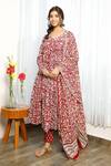 Shop_Pheeta_Red Cotton Hand Block Print Floral Motifs V Neck Anarkali Set _Online_at_Aza_Fashions
