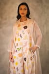 Arcvsh by Pallavi Singh_Peach 100% Linen Printed Floral Jumpsuit Round With Jacket _at_Aza_Fashions