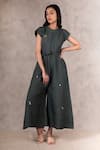 Buy_Arcvsh By Pallavi Singh_Green 100% Linen Floral Round Placement Embroidered Jumpsuit _at_Aza_Fashions