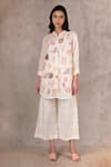 Shop_Arcvsh By Pallavi Singh_Ivory 100% Linen Floral, Geometric Mandarin Collar Embroidered Tunic And Pant Set _Online_at_Aza_Fashions
