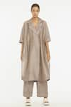 Buy_THREE_Grey Chanderi And Cotton Mul Overlap Kaftan Style Tunic & Palazzo Set  _at_Aza_Fashions