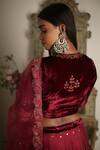 Shop Rhua Red Blouse Velvet, Dupatta Organza, Lehenga Polka Dot Leaf Neck Print Set at Aza Fashions Shop_Rhua_Red Blouse Velvet, Dupatta Organza, Lehenga Polka Dot Leaf Neck Print Set _at_Aza_Fashions
