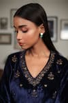 Shop_Rhua India_Blue Kurta Embroidery Zardozi Leaf Neck Velvet Set _Online_at_Aza_Fashions