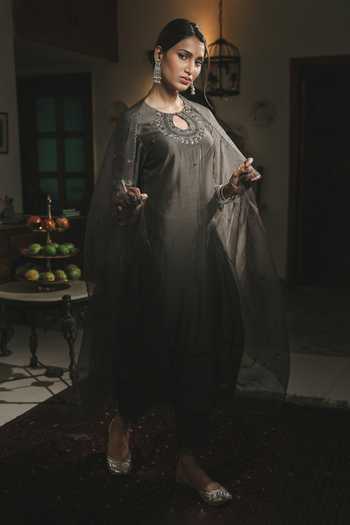 Shop_Rhua_Black Dupatta Organza, Kurta Chanderi, Pant Cotton Silk Embroidered Set _at_Aza_Fashions