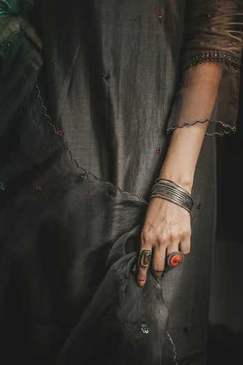 Rhua_Black Dupatta Organza, Kurta Chanderi, Pant Cotton Silk Embroidered Set _at_Aza_Fashions