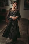 Rhua India_Black Kurta Chanderi Embroidery Zardozi Notched Anarkali And Pant Set _Online_at_Aza_Fashions