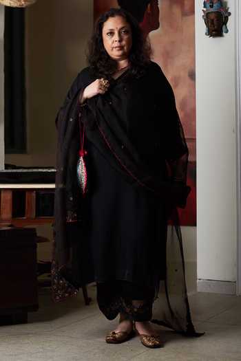 Buy_Rhua_Black Dupatta- Organza, Kurta- Satin, Pant- Cotton Silk Sequin Embroidered Set _at_Aza_Fashions