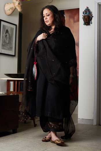 Rhua_Black Dupatta- Organza, Kurta- Satin, Pant- Cotton Silk Sequin Embroidered Set _Online_at_Aza_Fashions