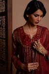 Shop_Rhua India_Maroon Kurta Tissue Chanderi Embroidery Zardozi Notched Set  _Online_at_Aza_Fashions