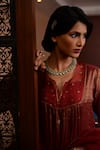 Rhua India_Maroon Kurta Tissue Chanderi Embroidery Zardozi Notched Set  _at_Aza_Fashions