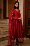 Shop_Rhua India_Red Anarkali Chanderi Embroidery Sequin Leaf Neck Set  _at_Aza_Fashions