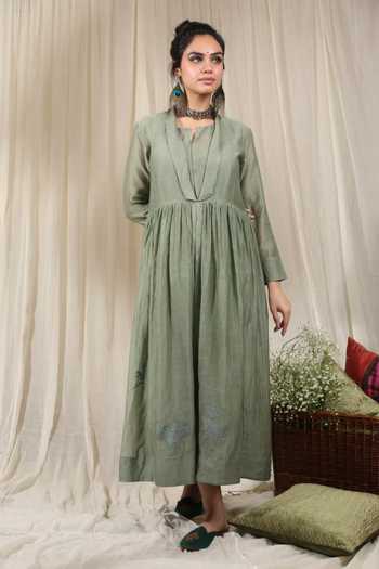 Rhua_Green Stripe Pattern Jacket With Tunic _Online_at_Aza_Fashions
