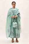 Buy_Arcvsh By Pallavi Singh_Blue Chanderi Silk, Kota Floral Round Kurta Pant Set_at_Aza_Fashions