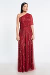 Buy_Shivani Awasty_Red Net Hand Embroidery One Shoulder Cape Gown _at_Aza_Fashions