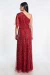 Shop_Shivani Awasty_Red Net Hand Embroidery One Shoulder Cape Gown _at_Aza_Fashions