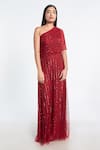 Shivani Awasty_Red Net Hand Embroidery One Shoulder Cape Gown _Online_at_Aza_Fashions