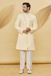 Buy_Samyukta Singhania_Yellow Imported Jacquard Silk Floral Pattern Sherwani Set _at_Aza_Fashions