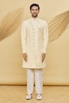 Samyukta Singhania_Yellow Imported Jacquard Silk Floral Pattern Sherwani Set _Online_at_Aza_Fashions