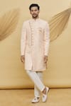 Buy_Samyukta Singhania_Peach Imported Jacquard Silk Floral Pattern Sherwani Set _at_Aza_Fashions