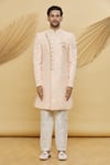 Samyukta Singhania_Peach Imported Jacquard Silk Floral Pattern Sherwani Set _Online_at_Aza_Fashions