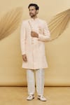 Buy_Samyukta Singhania_Peach Imported Jacquard Silk Floral Pattern Sherwani Set _Online_at_Aza_Fashions