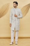 Buy_Samyukta Singhania_Grey Imported Jacquard Silk Floral Pattern Sherwani Set _at_Aza_Fashions