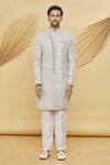 Samyukta Singhania_Grey Imported Jacquard Silk Floral Pattern Sherwani Set _Online_at_Aza_Fashions