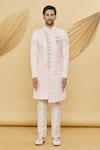 Khwaab by Sanjana Lakhani_Pink Imported Jacquard Silk Floral Pattern Sherwani Set_Online_at_Aza_Fashions