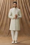 Buy_Arihant Rai Sinha_Cream Sherwani Jacquard Silk Geometric Pattern Set _at_Aza_Fashions