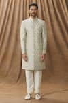 Buy_Arihant Rai Sinha_Cream Sherwani Jacquard Silk Geometric Pattern Set _Online_at_Aza_Fashions