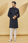 Buy_Khwaab by Sanjana Lakhani- Men_Blue Velvet Jacquard Silk Geometric And Leaf Pattern Sherwani Set_at_Aza_Fashions