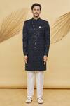 Khwaab by Sanjana Lakhani- Men_Blue Velvet Jacquard Silk Geometric And Leaf Pattern Sherwani Set_Online_at_Aza_Fashions