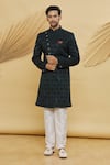 Buy_Khwaab by Sanjana Lakhani- Men_Green Velvet Jacquard Silk Geometric And Leaf Pattern Sherwani Set_at_Aza_Fashions
