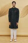 Khwaab by Sanjana Lakhani- Men_Green Velvet Jacquard Silk Geometric And Leaf Pattern Sherwani Set_Online_at_Aza_Fashions