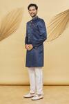 Buy_Khwaab by Sanjana Lakhani- Men_Blue Imported Jacquard Silk Floral Pattern Sherwani Set_Online_at_Aza_Fashions