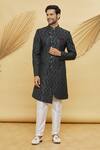 Buy_Khwaab by Sanjana Lakhani- Men_Grey Imported Jacquard Silk Floral Pattern Sherwani Set_at_Aza_Fashions