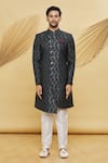 Khwaab by Sanjana Lakhani- Men_Grey Imported Jacquard Silk Floral Pattern Sherwani Set_Online_at_Aza_Fashions