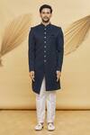 Khwaab by Sanjana Lakhani- Men_Blue Imported Jacquard Silk Mandrain Collar Sherwani Set_Online_at_Aza_Fashions