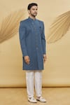 Samyukta Singhania_Grey Imported Jacquard Silk Mandrain Collar Sherwani Set _Online_at_Aza_Fashions