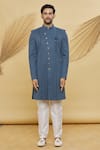 Buy_Samyukta Singhania_Grey Imported Jacquard Silk Mandrain Collar Sherwani Set _Online_at_Aza_Fashions