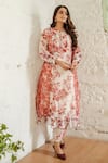 NAAZ BY NOOR_White Cotton Printed Floral Motifs Band Collar Chanderi Kurta Set _Online_at_Aza_Fashions