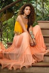 Pallavi Jaipur_Peach Top Wrinkle Crepe And Skirt Chiffon Lining Strappy & Set  _at_Aza_Fashions