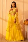 Buy_Glittire by Sakshi Verma_Yellow Blouse Silk Chanderi Embroidered Asiatic Lily Gathered Lehenga Set _at_Aza_Fashions