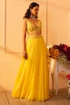 Glittire by Sakshi Verma_Yellow Blouse Silk Chanderi Embroidered Asiatic Lily Gathered Lehenga Set _Online_at_Aza_Fashions