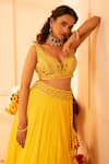 Shop_Glittire by Sakshi Verma_Yellow Blouse Silk Chanderi Embroidered Asiatic Lily Gathered Lehenga Set _Online_at_Aza_Fashions