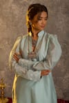 Shop_Glittire by Sakshi Verma_Blue Silk Chanderi Embroidered Dori Work Puffed Sleeved Kurta Pant Set _Online_at_Aza_Fashions