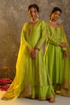 Buy_Glittire by Sakshi Verma_Green Silk Chanderi Embroidered Zari Dori Work V Kurta Palazzo Set _Online_at_Aza_Fashions